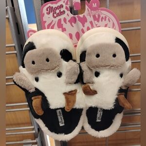 Kids Cow Plush Slip-On Slippers — White & Black Size M